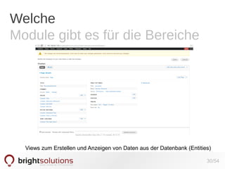 Welche
Module gibt es für die Bereiche

Views zum Erstellen und Anzeigen von Daten aus der Datenbank (Entities)
30/54

 
