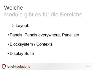 Welche
Module gibt es für die Bereiche
=> Layout:
●

Panels, Panels everywhere, Panelizer

●

Blocksystem / Contexts

●

Display Suite
32/54

 