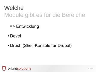 Welche
Module gibt es für die Bereiche
=> Entwicklung
●

Devel

●

Drush (Shell-Konsole für Drupal)

43/54

 