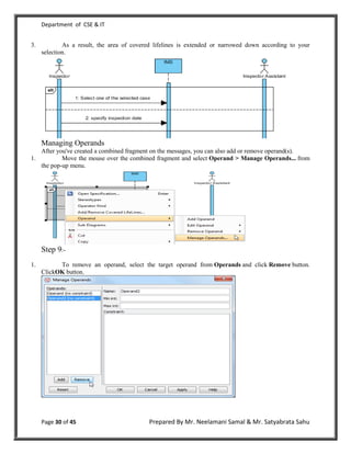 Department of CSE & IT


3.           As a result, the area of covered lifelines is extended or narrowed down according to your
     selection.




     Managing Operands
     After you've created a combined fragment on the messages, you can also add or remove operand(s).
1.           Move the mouse over the combined fragment and select Operand > Manage Operands... from
     the pop-up menu.




     Step 9:-
1.         To remove an operand, select the target operand from Operands and click Remove button.
     ClickOK button.




     Page 30 of 45                          Prepared By Mr. Neelamani Samal & Mr. Satyabrata Sahu
 