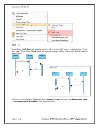 Department of CSE & IT




Step 11:-
If you choose Single Level, all sequence messages will be ordered with integers on diagram base. On the
other hand, if you choose Nested Level, all sequence messages will be ordered with decimal place on
diagram base.




Right click on the diagram's background, select Sequence Number and then either Frame-based Single
Level or Frame-based Nested Level from the pop-up menu.




Page 34 of 45                            Prepared By Mr. Neelamani Samal & Mr. Satyabrata Sahu
 