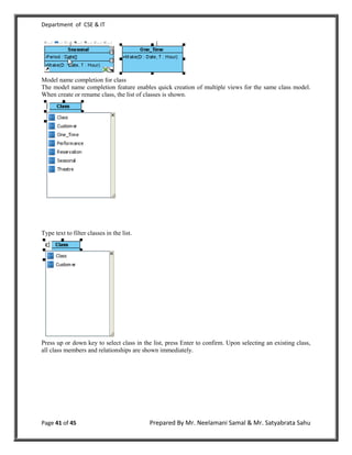 Department of CSE & IT




Model name completion for class
The model name completion feature enables quick creation of multiple views for the same class model.
When create or rename class, the list of classes is shown.




Type text to filter classes in the list.




Press up or down key to select class in the list, press Enter to confirm. Upon selecting an existing class,
all class members and relationships are shown immediately.




Page 41 of 45                              Prepared By Mr. Neelamani Samal & Mr. Satyabrata Sahu
 