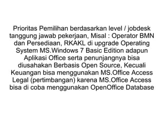 Prioritas Pemilihan berdasarkan level / jobdesk
tanggung jawab pekerjaan, Misal : Operator BMN
dan Persediaan, RKAKL di upgrade Operating
System MS.Windows 7 Basic Edition adapun
Aplikasi Office serta penunjangnya bisa
diusahakan Berbasis Open Source, Kecuali
Keuangan bisa menggunakan MS.Office Access
Legal (pertimbangan) karena MS.Office Access
bisa di coba menggunakan OpenOffice Database

 