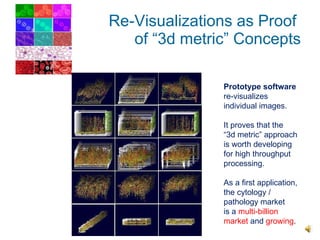 Re-Visualizations as Proof  of “3d metric” Concepts Prototype software  re-visualizes individual images. It proves that the  “3d metric” approach is worth developing for high throughput processing. As a first application, the cytology / pathology market  is a  multi-billion market  and  growing . 