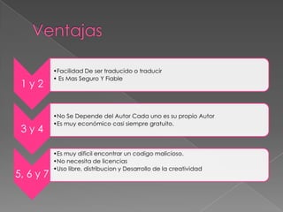 •Facilidad De ser traducido o traducir
           • Es Mas Seguro Y Fiable
 1y2


           •No Se Depende del Autor Cada uno es su propio Autor
           •Es muy económico casi siempre gratuito.
 3y4

           •Es muy dificil encontrar un codigo malicioso.
           •No necesita de licencias
           •Uso libre, distribucion y Desarrollo de la creatividad
5, 6 y 7
 