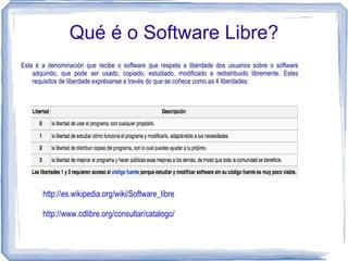 Qué é o Software Libre?
Esta é a denominación que recibe o software que respeta a liberdade dos usuarios sobre o software
    adquirido, que pode ser usado, copiado, estudiado, modificado e redistribuido libremente. Estes
    requisitos de liberdade exprésanse a través do que se coñece como as 4 liberdades:




       http://es.wikipedia.org/wiki/Software_libre

       http://www.cdlibre.org/consultar/catalogo/
 