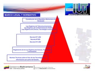 MARCO LEGAL Y NORMATIVO
                         Constitución de la República Bolivariana de
                                          Venezuela


                        Ley Orgánica de Telecomunicaciones
                      Ley Orgánica de la Administración Pública
                   Ley Orgánica de Ciencia, Tecnología e Innovación




                               Decreto N°1.290
                                Decreto N°825
                               Decreto N°3.390




        Reglamento de la Ley Orgánica de Ciencia, Tecnología
                           e Innovación



   Normas Técnicas sobre el Uso de las Tecnologías de
           Información por parte del Estado.
 
