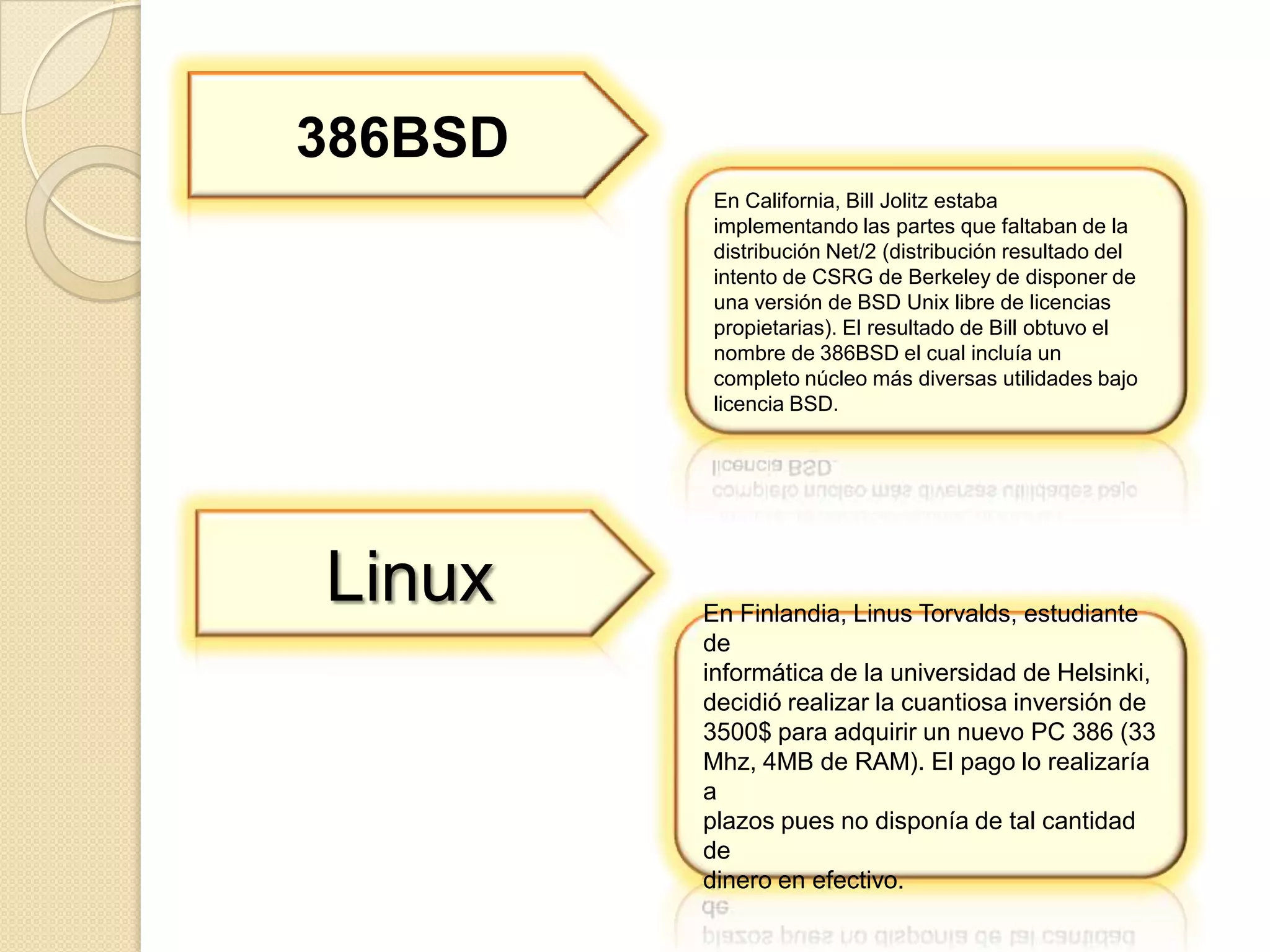 386BSD
         En California, Bill Jolitz estaba
         implementando las partes que faltaban de la
         distribución Net/2 (distribución resultado del
         intento de CSRG de Berkeley de disponer de
         una versión de BSD Unix libre de licencias
         propietarias). El resultado de Bill obtuvo el
         nombre de 386BSD el cual incluía un
         completo núcleo más diversas utilidades bajo
         licencia BSD.




Linux    En Finlandia, Linus Torvalds, estudiante
         de
         informática de la universidad de Helsinki,
         decidió realizar la cuantiosa inversión de
         3500$ para adquirir un nuevo PC 386 (33
         Mhz, 4MB de RAM). El pago lo realizaría
         a
         plazos pues no disponía de tal cantidad
         de
         dinero en efectivo.
 
