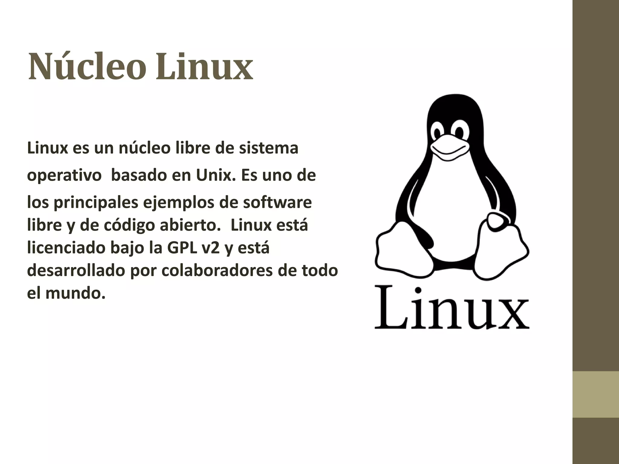 Núcleo Linux
Linux es un núcleo libre de sistema
operativo basado en Unix. Es uno de
los principales ejemplos de software
libre y de código abierto. Linux está
licenciado bajo la GPL v2 y está
desarrollado por colaboradores de todo
el mundo.
 