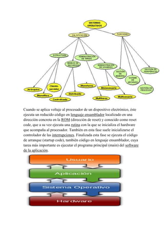 Cuando se aplica voltaje al procesador de un dispositivo electrónico, éste
ejecuta un reducido código en lenguaje ensamblador localizado en una
dirección concreta en la ROM (dirección de reset) y conocido como reset
code, que a su vez ejecuta una rutina con la que se inicializa el hardware
que acompaña al procesador. También en esta fase suele inicializarse el
controlador de las interrupciones. Finalizada esta fase se ejecuta el código
de arranque (startup code), también código en lenguaje ensamblador, cuya
tarea más importante es ejecutar el programa principal (main) del software
de la aplicación.

 