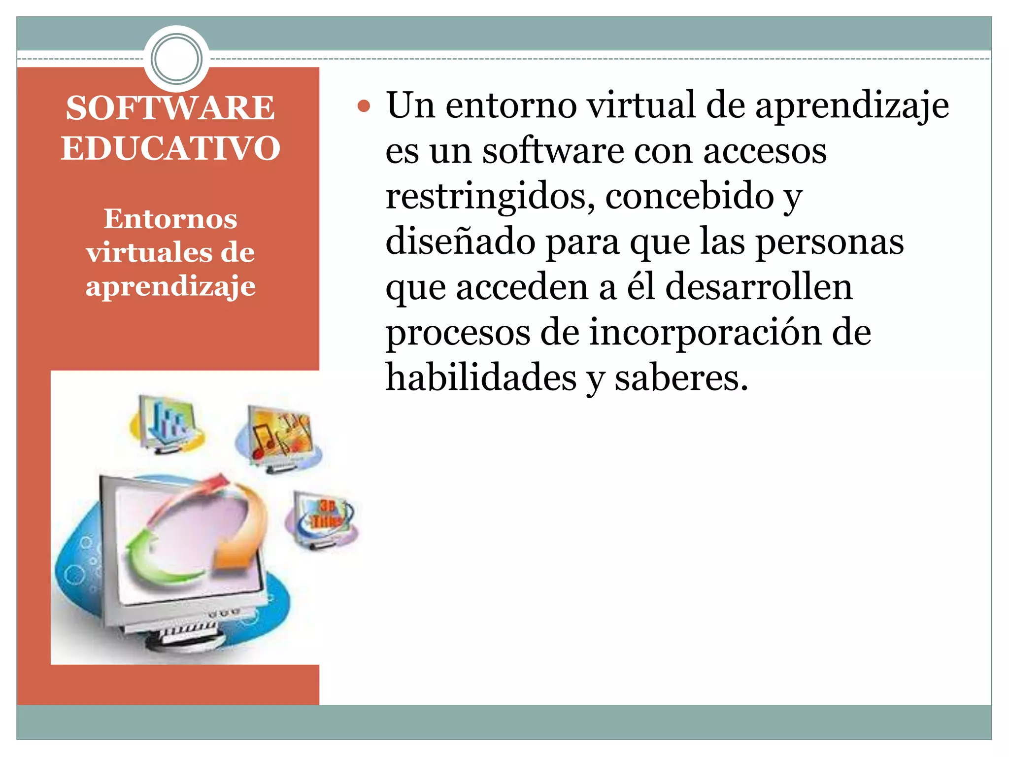 SOFTWARE
EDUCATIVO
Entornos
virtuales de
aprendizaje

 Un entorno virtual de aprendizaje

es un software con accesos
restringidos, concebido y
diseñado para que las personas
que acceden a él desarrollen
procesos de incorporación de
habilidades y saberes.

 