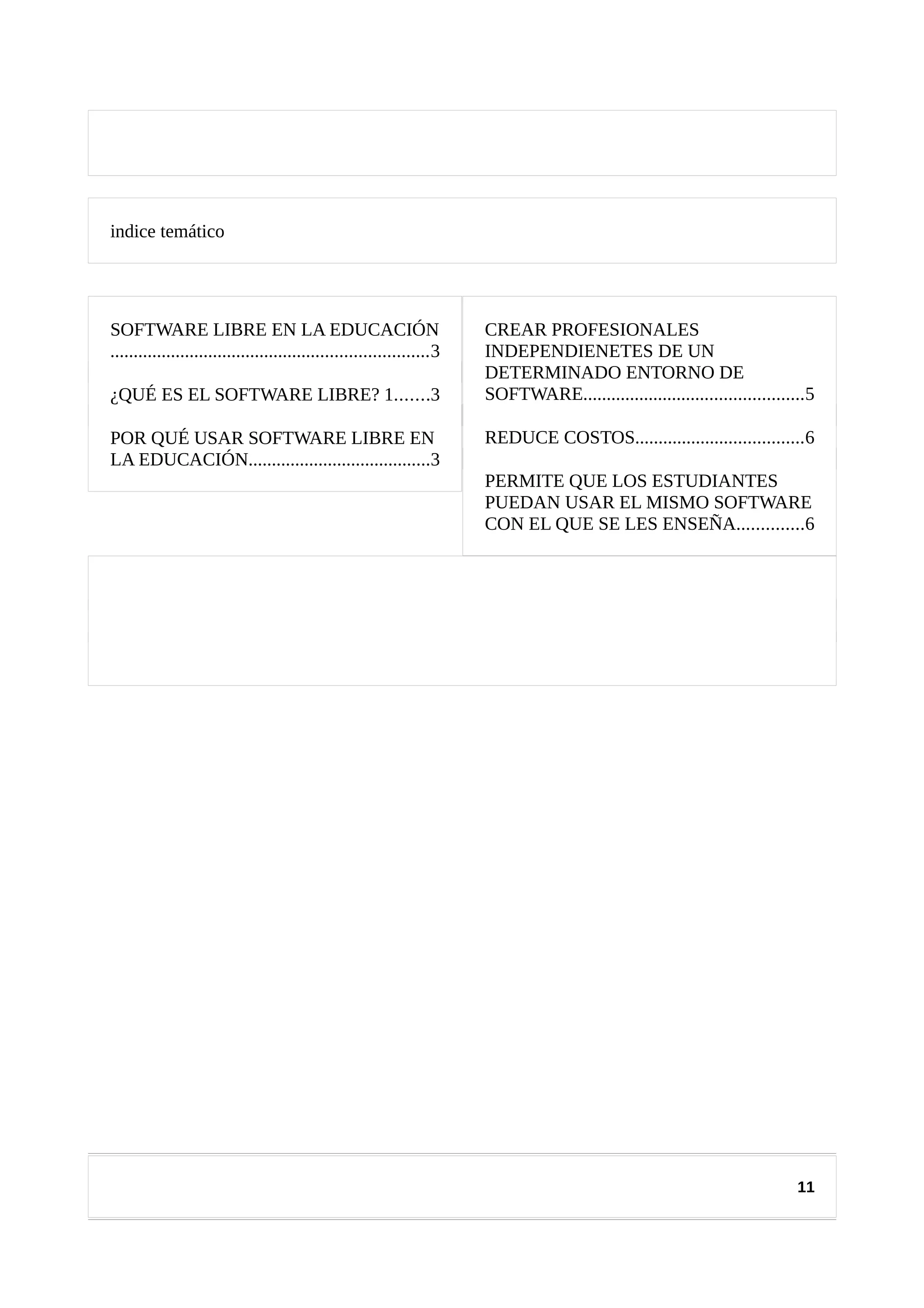 indice temático
SOFTWARE LIBRE EN LA EDUCACIÓN
....................................................................3
¿QUÉ ES EL SOFTWARE LIBRE? 1.......3
POR QUÉ USAR SOFTWARE LIBRE EN
LA EDUCACIÓN.......................................3
CREAR PROFESIONALES
INDEPENDIENETES DE UN
DETERMINADO ENTORNO DE
SOFTWARE...............................................5
REDUCE COSTOS....................................6
PERMITE QUE LOS ESTUDIANTES
PUEDAN USAR EL MISMO SOFTWARE
CON EL QUE SE LES ENSEÑA..............6
11
 