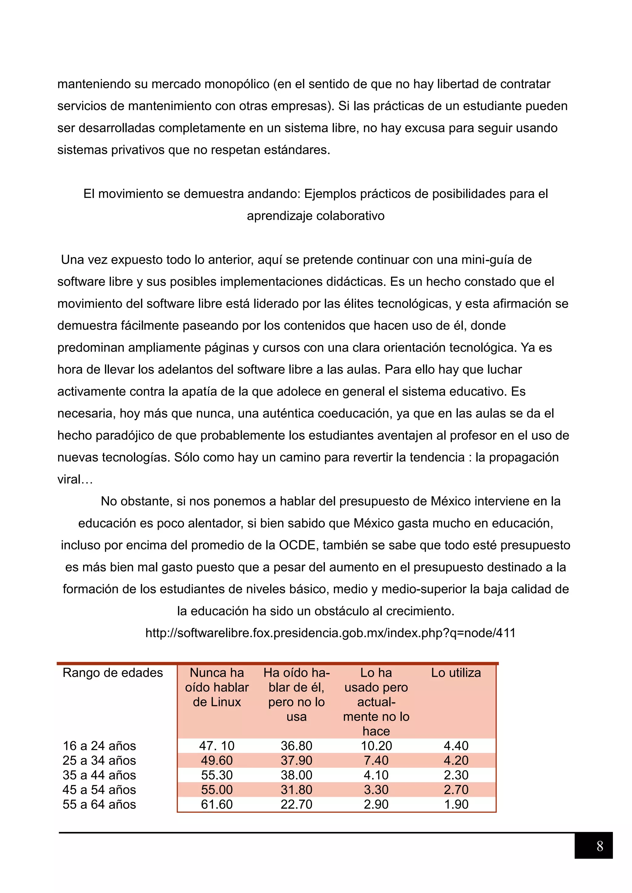 8
manteniendo su mercado monopólico (en el sentido de que no hay libertad de contratar
servicios de mantenimiento con otras empresas). Si las prácticas de un estudiante pueden
ser desarrolladas completamente en un sistema libre, no hay excusa para seguir usando
sistemas privativos que no respetan estándares.
El movimiento se demuestra andando: Ejemplos prácticos de posibilidades para el
aprendizaje colaborativo
Una vez expuesto todo lo anterior, aquí se pretende continuar con una mini-guía de
software libre y sus posibles implementaciones didácticas. Es un hecho constado que el
movimiento del software libre está liderado por las élites tecnológicas, y esta afirmación se
demuestra fácilmente paseando por los contenidos que hacen uso de él, donde
predominan ampliamente páginas y cursos con una clara orientación tecnológica. Ya es
hora de llevar los adelantos del software libre a las aulas. Para ello hay que luchar
activamente contra la apatía de la que adolece en general el sistema educativo. Es
necesaria, hoy más que nunca, una auténtica coeducación, ya que en las aulas se da el
hecho paradójico de que probablemente los estudiantes aventajen al profesor en el uso de
nuevas tecnologías. Sólo como hay un camino para revertir la tendencia : la propagación
viral…
No obstante, si nos ponemos a hablar del presupuesto de México interviene en la
educación es poco alentador, si bien sabido que México gasta mucho en educación,
incluso por encima del promedio de la OCDE, también se sabe que todo esté presupuesto
es más bien mal gasto puesto que a pesar del aumento en el presupuesto destinado a la
formación de los estudiantes de niveles básico, medio y medio-superior la baja calidad de
la educación ha sido un obstáculo al crecimiento.
http://softwarelibre.fox.presidencia.gob.mx/index.php?q=node/411
Rango de edades Nunca ha
oído hablar
de Linux
Ha oído ha-
blar de él,
pero no lo
usa
Lo ha
usado pero
actual-
mente no lo
hace
Lo utiliza
16 a 24 años 47. 10 36.80 10.20 4.40
25 a 34 años 49.60 37.90 7.40 4.20
35 a 44 años 55.30 38.00 4.10 2.30
45 a 54 años 55.00 31.80 3.30 2.70
55 a 64 años 61.60 22.70 2.90 1.90
 