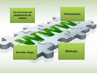 los servicios de
 alojamiento de       Folcsonomías.
     videos




  las wikis, blogs,    Mashups
 
