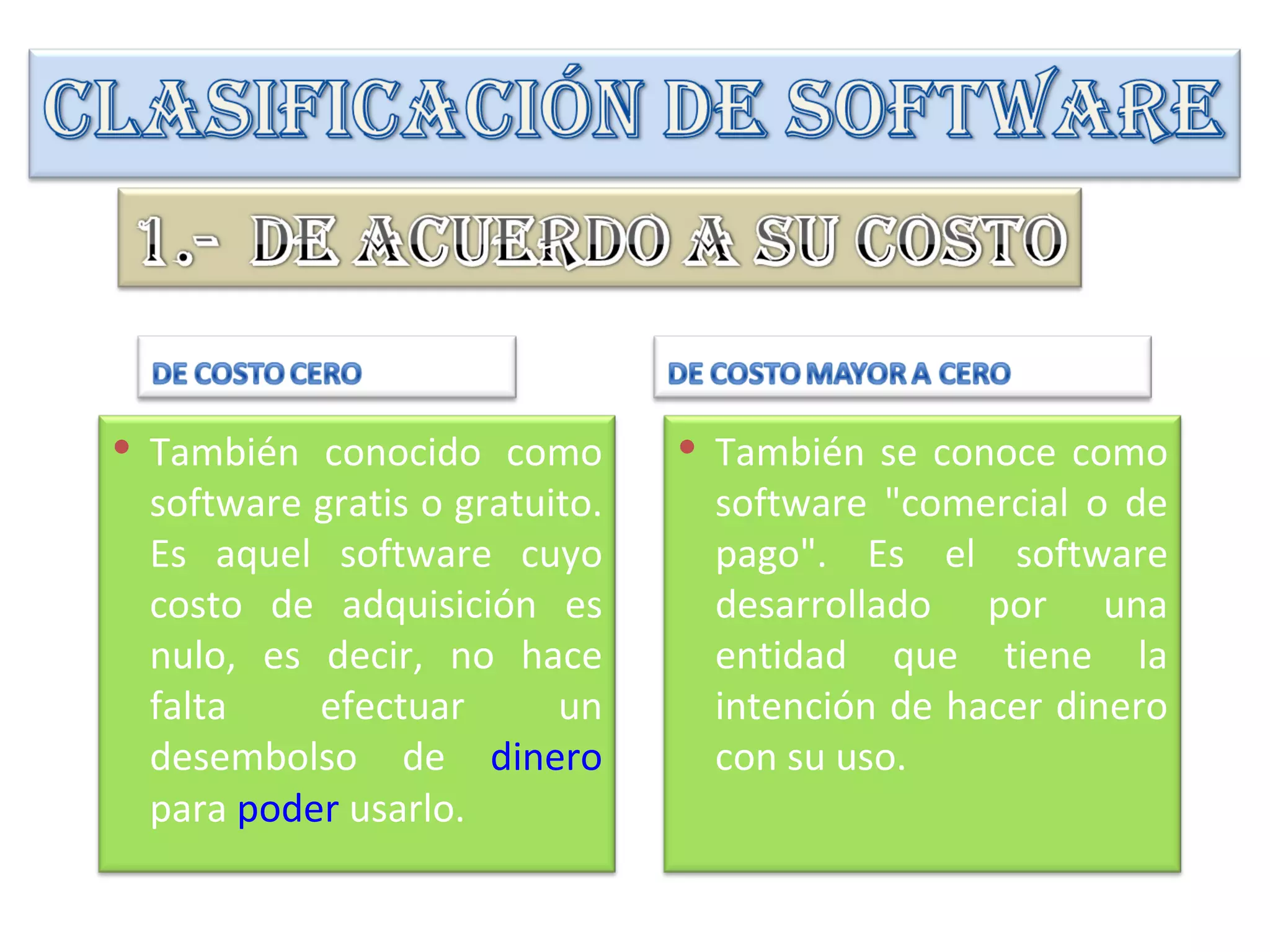  También conocido como         También se conoce como
 software gratis o gratuito.    software "comercial o de
 Es aquel software cuyo         pago". Es el software
 costo de adquisición es        desarrollado por una
 nulo, es decir, no hace        entidad que tiene la
 falta    efectuar       un     intención de hacer dinero
 desembolso de dinero           con su uso.
 para poder usarlo.
 