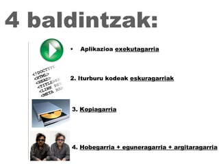 Aplikazioa  exekutagarria 2. Iturburu kodeak  eskuragarriak 3.  Kopiagarria 4 baldintzak: 4.  Hobegarria + eguneragarria + argitaragarria   