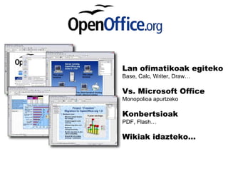 Lan ofimatikoak egiteko  Base, Calc, Writer, Draw… Vs. Microsoft Office Monopolioa apurtzeko Konbertsioak PDF, Flash…  Wikiak idazteko… 