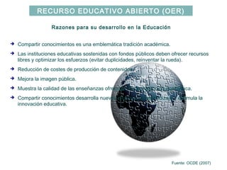 RECURSO EDUCATIVO ABIERTO (OER)

                  Razones para su desarrollo en la Educación


➔   Compartir conocimientos es una emblemática tradición académica.
➔   Las instituciones educativas sostenidas con fondos públicos deben ofrecer recursos
    libres y optimizar los esfuerzos (evitar duplicidades, reinventar la rueda).
➔   Reducción de costes de producción de contenidos.
➔   Mejora la imagen pública.
➔   Muestra la calidad de las enseñanzas ofrecidas por la institución académica.
➔   Compartir conocimientos desarrolla nuevos recursos de aprendizaje y estimula la
    innovación educativa.




                                                                       Fuente: OCDE (2007)
 