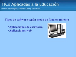 Tipos de software según modo de funcionamiento Aplicaciones de escritorio Aplicaciones web