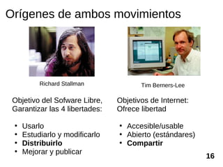 Orígenes de ambos movimientos




          Richard Stallman             Tim Berners-Lee

 Objetivo del Sofware Libre,    Objetivos de Internet:
 Garantizar las 4 libertades:   Ofrece libertad

 •   Usarlo                     • Accesible/usable
 •   Estudiarlo y modificarlo   • Abierto (estándares)
 •   Distribuirlo               • Compartir
 •   Mejorar y publicar
                                                         16
 