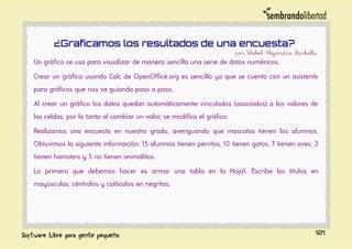 ¿Graficamos los resultados de una encuesta?
por Mabel Alejandra Barbella
Un gráfico se usa para visualizar de manera sencilla una serie de datos numéricos.
Crear un gráfico usando Calc de OpenOffice.org es sencillo ya que se cuenta con un asistente
para gráficos que nos va guiando paso a paso.
Al crear un gráfico los datos quedan automáticamente vinculados (asociados) a los valores de
las celdas, por lo tanto al cambiar un valor, se modifica el gráfico.
Realizamos una encuesta en nuestro grado, averiguando que mascotas tienen los alumnos.
Obtuvimos la siguiente información: 15 alumnos tienen perritos, 10 tienen gatos, 7 tienen aves, 3
tienen hamsters y 5 no tienen animalitos.
Lo primero que debemos hacer es armar una tabla en la Hoja1. Escribe los títulos en
mayúsculas, céntralos y colócalos en negritas.
121
 