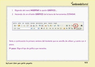 1. Eligiendo del menú INSERTAR la opción GRÁFICO...
2. Haciendo clic en el botón GRÁFICO de la barra de herramientas ESTÁNDAR.
Verás a continuación la primera ventana del Asistente que es sencillo de utilizar y cuenta con 4
pasos.
1º paso: Elige el tipo de gráfico que necesitas.
123
 