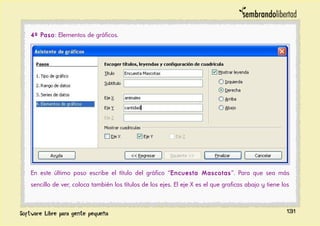 4º Paso: Elementos de gráficos.
En este último paso escribe el título del gráfico “Encuesta Mascotas”. Para que sea más
sencillo de ver, coloca también los títulos de los ejes. El eje X es el que graficas abajo y tiene los
131
 