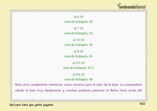at 6 10
área de triángulo: 30
at 7 10
área de triángulo: 35
at 10 10
área de triángulo: 50
at 9 10
área de triángulo: 45
at 9.5 10
área de triángulo: 47.5
at 9.6 10
área de triángulo: 48
Nota cómo simplemente intentamos varios números para el valor de la base. La computadora
calcula el área muy rápidamente y nosotros podemos presionar la flecha hacia arriba del
153
 