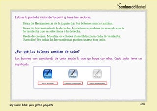 Esta es la pantalla inicial de Tuxpaint y tiene tres sectores.
Barra de Herramientas de la izquierda: Sus botones nunca cambian.
Barra de herramienta de la derecha: Los botones cambian de acuerdo con la
herramienta que se selecciona a la derecha.
Paleta de colores: Muestra los colores disponibles para cada herramienta.
¡Atención! No todas las herramientas pueden usarse con color.
¿Por qué los botones cambian de color?
Los botones van cambiando de color según lo que yo haga con ellos. Cada color tiene un
significado:
25
 
