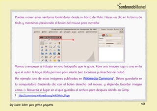 Puedes mover estas ventanas tomándolas desde su barra de título. Haces un clic en la barra de
título y mantienes presionado el botón del mouse para moverla:
Vamos a empezar a trabajar en una fotografía que te guste. Abre una imagen tuya o una en la
que el autor te haya dado permiso para usarla (ver Licencias y derechos de autor).
Por ejemplo, una de estas imágenes publicadas en Wikimedia Commons1
. Debes guardarla en
tu computadora (haciendo clic con el botón derecho del mouse, y eligiendo Guardar imagen
como...). Recuerda el lugar en el que guardas el archivo para después abrirlo en Gimp.
1 http://commons.wikimedia.org/wiki/Main_Page
43
 