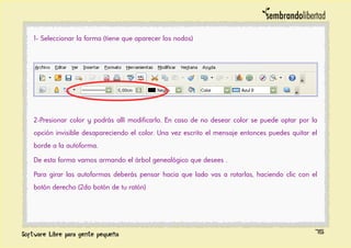 1- Seleccionar la forma (tiene que aparecer los nodos)
2-Presionar color y podrás allí modificarlo. En caso de no desear color se puede optar por la
opción invisible desapareciendo el color. Una vez escrito el mensaje entonces puedes quitar el
borde a la autoforma.
De esta forma vamos armando el árbol genealógico que desees .
Para girar las autoformas deberás pensar hacia que lado vas a rotarlas, haciendo clic con el
botón derecho (2do botón de tu ratón)
75
 
