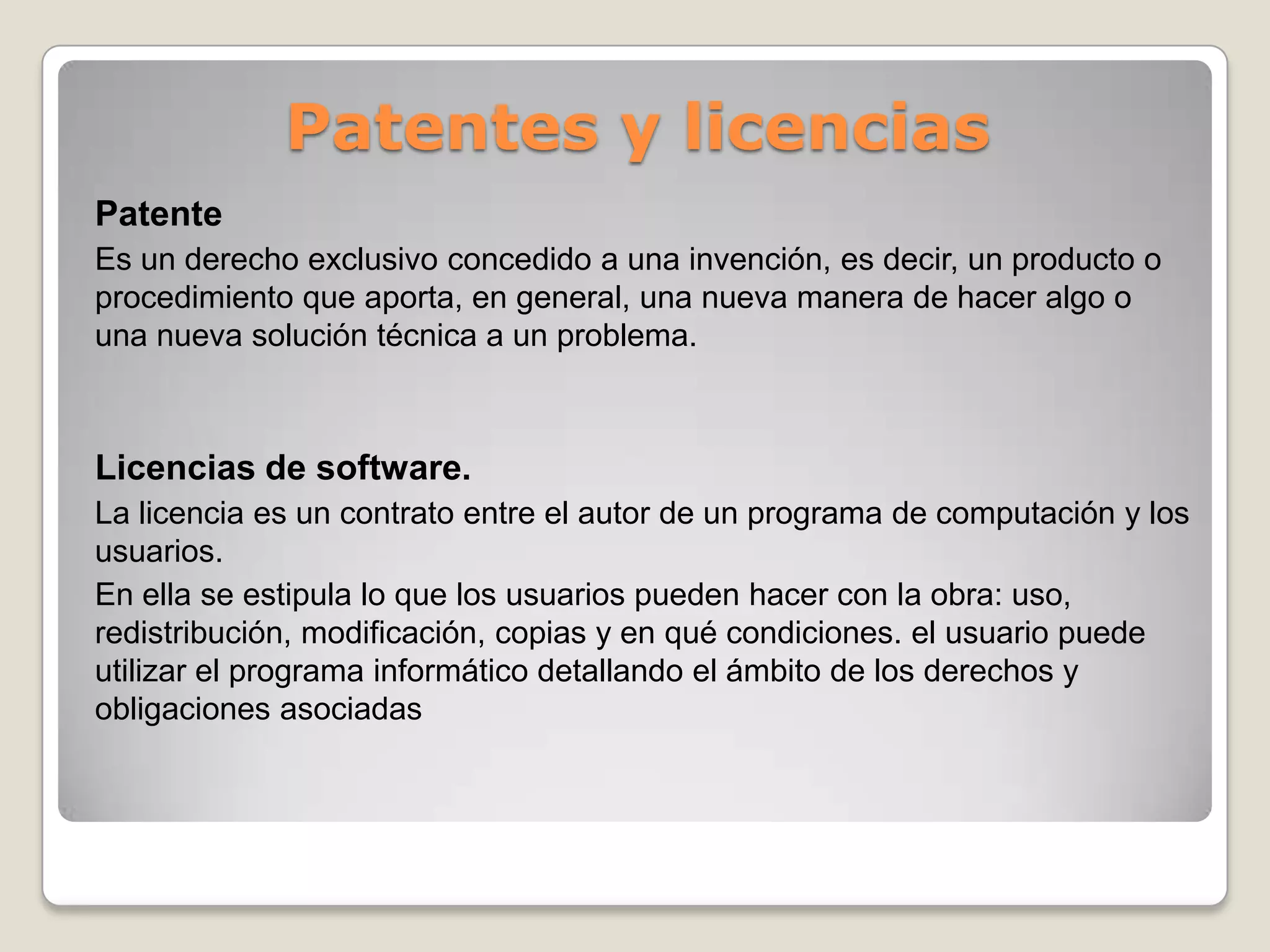 Copyright, copyleftCopyright:El símbolo del copyright “        “  es usado para indicar que una obra está sujeta al derecho de autor.El derecho de autor es un conjunto de normas y principios que regulan los derechos morales y patrimoniales que la ley concede a los autoresCopyleft:El símbolo del copyleft“       “ es el símbolo del copyright invertido, viendo hacia la izquierda.Los autores y desarrolladores usan el copyleft en sus creaciones como medio para que otros puedan continuar el proceso de ampliar y mejorar su trabajoEl copyleft es un método para convertir un programa en software libre y exigir que todas las versiones del mismo, modificadas o ampliadas, también lo seancc