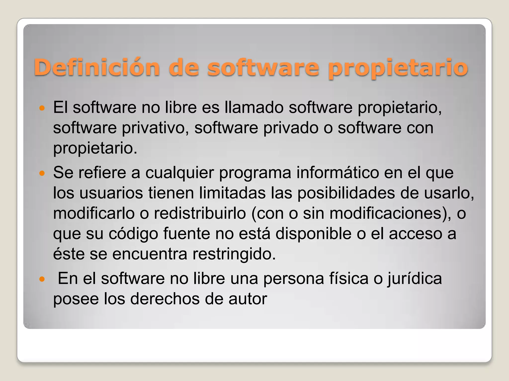 Libertades del softwareLa libertad para ejecutar el programa sea cual sea nuestro propósitoLa libertad para estudiar el funcionamiento del programa y adaptarlo a tus necesidades (el acceso al código fuente es condición indispensable para esto)La libertad para redistribuir copias.La libertad para mejorar el programa y luego publicarlo para el bien de toda la comunidad  (el acceso al código fuente es condición indispensable para esto).