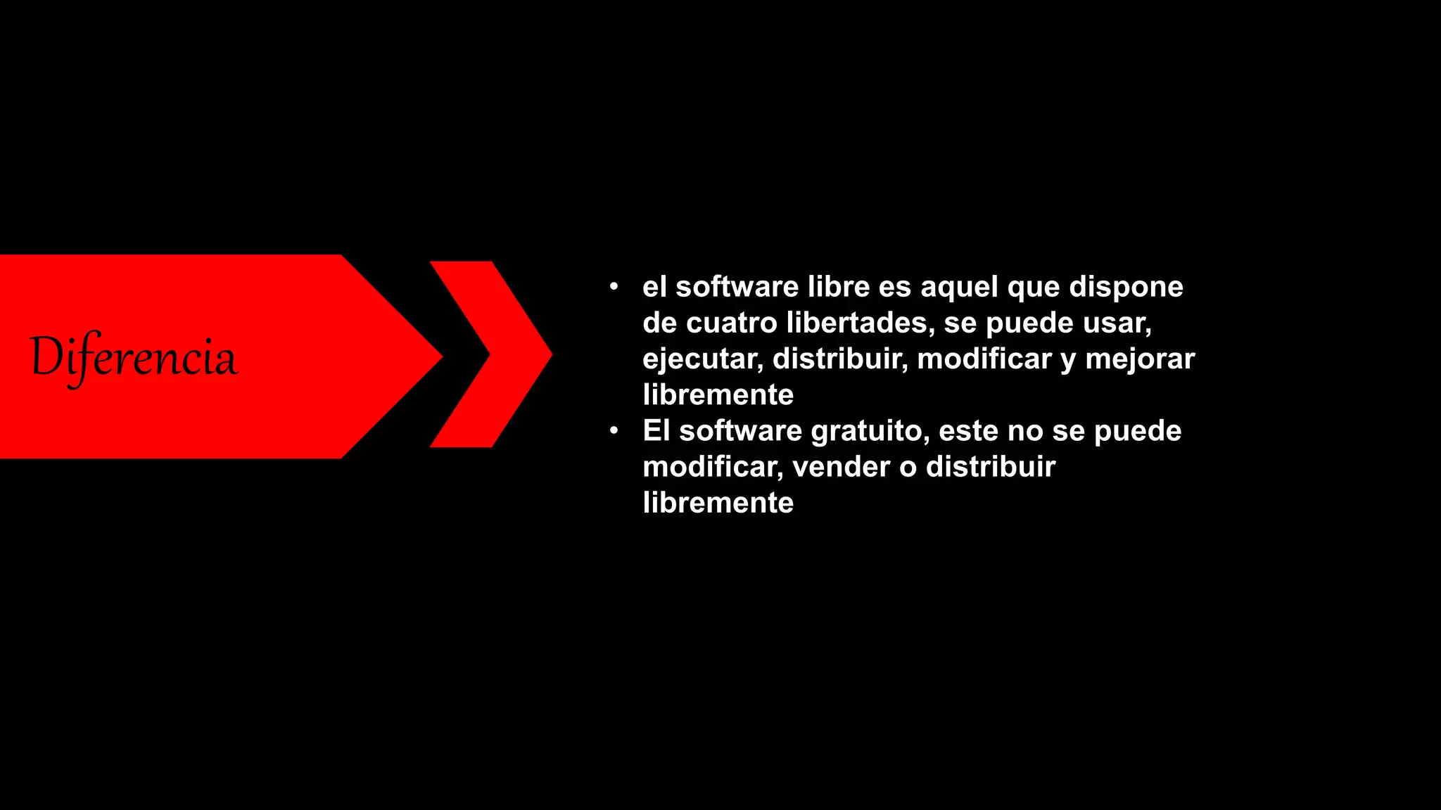 • el software libre es aquel que dispone
de cuatro libertades, se puede usar,
ejecutar, distribuir, modificar y mejorar
libremente..
• El software gratuito, este no se puede
modificar, vender o distribuir
libremente.
Diferencia
 