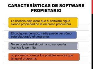 CARACTERÍSTICAS DE SOFTWARE
PROPIETARIO
La licencia deja claro que el software sigue
siendo propiedad de la empresa productora.
El código es cerrado, nadie puede ver cómo
está elaborado el programa.
No se puede redistribuir, a no ser que la
licencia lo permita.
no podemos corregir los posibles errores que
tenga el programa.
 
