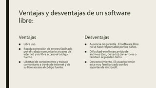 Ventajas y desventajas de un software
libre:
Ventajas
■ Libre uso.
■ Rapida corrección de errores facilitado
por el trabajo comunitario a traves de
internet y su libre acceso al código
fuente.
■ Libertad de conocimiento y trabajo
comunitario a través de internet y de
su libre acceso al código fuente.
Desventajas
■ Ausencia de garantía . El software libre
no se hace responsable por los daños.
■ Dificultad en el intercambio de
archivos (doc, de texto) dan errores o
también se pierden datos.
■ Desconocimiento. El usuario común
esta muy familiarizado con los
soportes de microsoft.
 