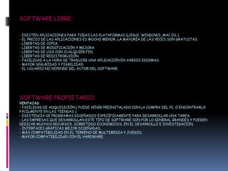 SOFTWARE LIBRE:

- EXISTEN APLICACIONES PARA TODAS LAS PLATAFORMAS (LINUX, WINDOWS, MAC OS ).
- EL PRECIO DE LAS APLICACIONES ES MUCHO MENOR, LA MAYORÍA DE LAS VECES SON GRATUITAS.
- LIBERTAD DE COPIA.
- LIBERTAD DE MODIFICACIÓN Y MEJORA.
- LIBERTAD DE USO CON CUALQUIER FIN.
- LIBERTAD DE REDISTRIBUCIÓN.
- FACILIDAD A LA HORA DE TRADUCIR UNA APLICACIÓN EN VARIOS IDIOMAS.
- MAYOR SEGURIDAD Y FIABILIDAD.
- EL USUARIO NO DEPENDE DEL AUTOR DEL SOFTWARE.




SOFTWARE PROPIETARIO
VENTAJAS
- FACILIDAD DE ADQUISICIÓN ( PUEDE VENIR PREINSTALADO CON LA COMPRA DEL PC, O ENCONTRARLO
FÁCILMENTE EN LAS TIENDAS ).
- EXISTENCIA DE PROGRAMAS DISEÑADOS ESPECÍFICAMENTE PARA DESARROLLAR UNA TAREA.
- LAS EMPRESAS QUE DESARROLLAN ESTE TIPO DE SOFTWARE SON POR LO GENERAL GRANDES Y PUEDEN
DEDICAR MUCHOS RECURSOS, SOBRETODO ECONÓMICOS, EN EL DESARROLLO E INVESTIGACIÓN.
- INTERFACES GRÁFICAS MEJOR DISEÑADAS.
- MÁS COMPATIBILIDAD EN EL TERRENO DE MULTIMEDIA Y JUEGOS.
- MAYOR COMPATIBILIDAD CON EL HARDWARE.
 