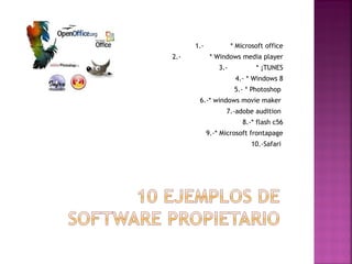 1.- * Microsoft office 
2.- * Windows media player 
3.- * ¡TUNES 
4.- * Windows 8 
5.- * Photoshop 
6.-* windows movie maker 
7.-adobe audition 
8.-* flash c56 
9.-* Microsoft frontapage 
10.-Safari 
 