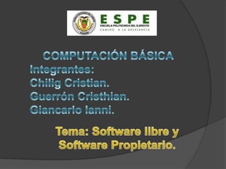 COMPUTACIÓN BÁSICA Integrantes: Chilig Cristian. GuerrónCristhian. GiancarloIanni. Tema: Software libre y Software Propietario. 