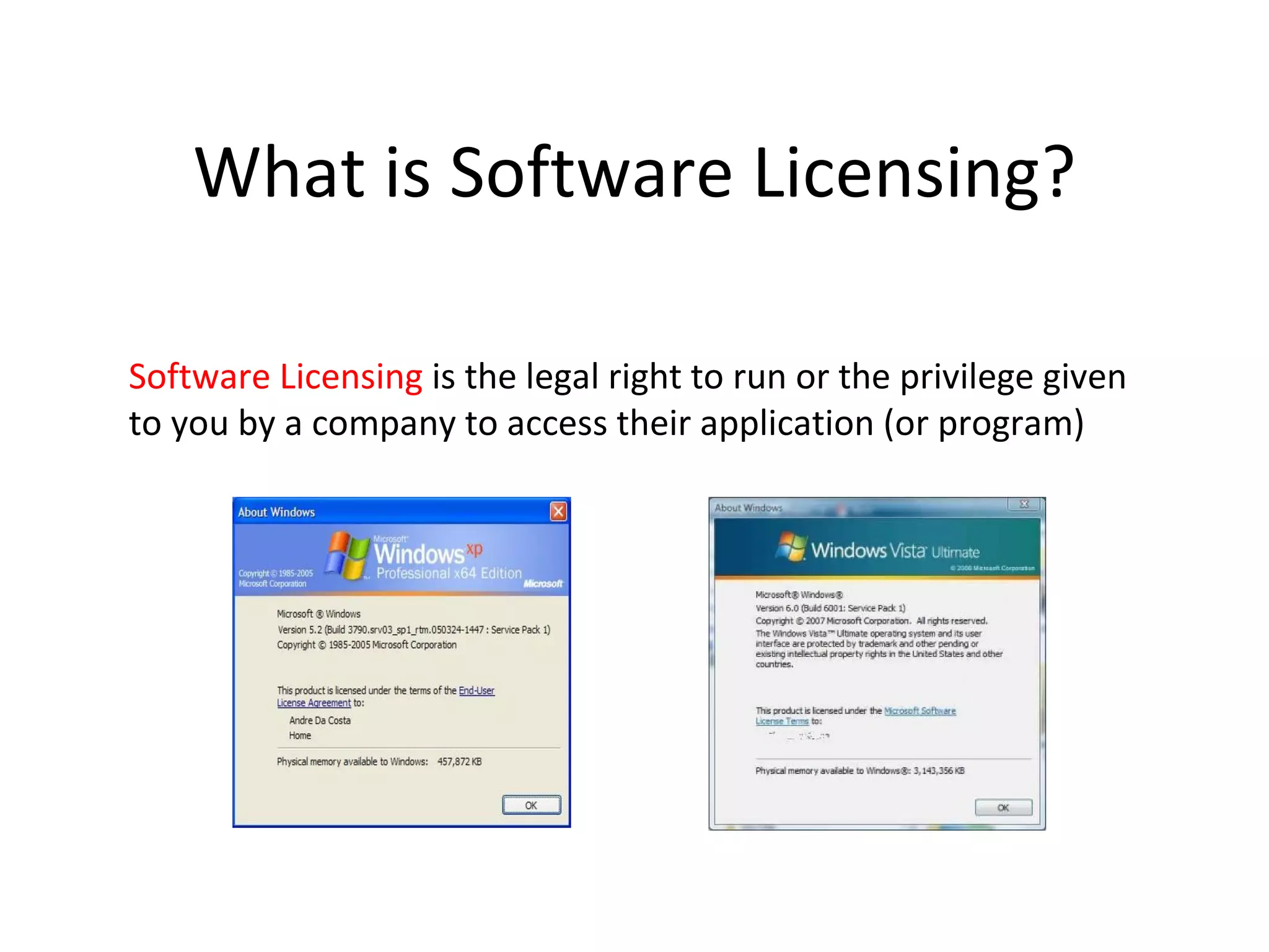 What is Software Licensing?

Software Licensing is the legal right to run or the privilege given
to you by a company to access their application (or program)
 