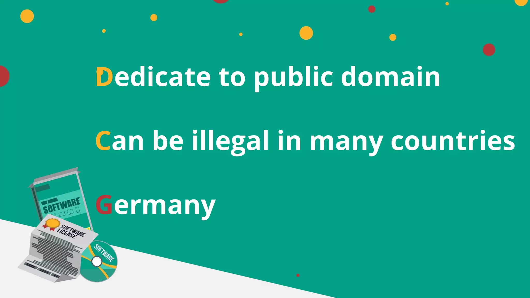 Dedicate to public domain
Can be illegal in many countries
Germany
 