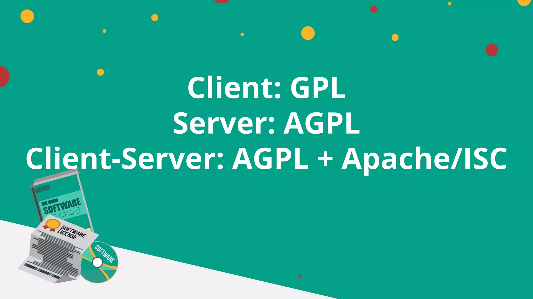 Client: GPL
Server: AGPL
Client-Server: AGPL + Apache/ISC
 