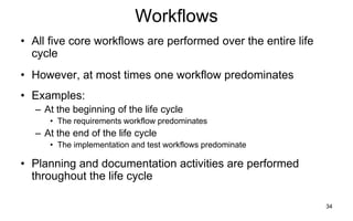 34
Workflows
• All five core workflows are performed over the entire life
cycle
• However, at most times one workflow predominates
• Examples:
– At the beginning of the life cycle
• The requirements workflow predominates
– At the end of the life cycle
• The implementation and test workflows predominate
• Planning and documentation activities are performed
throughout the life cycle
 