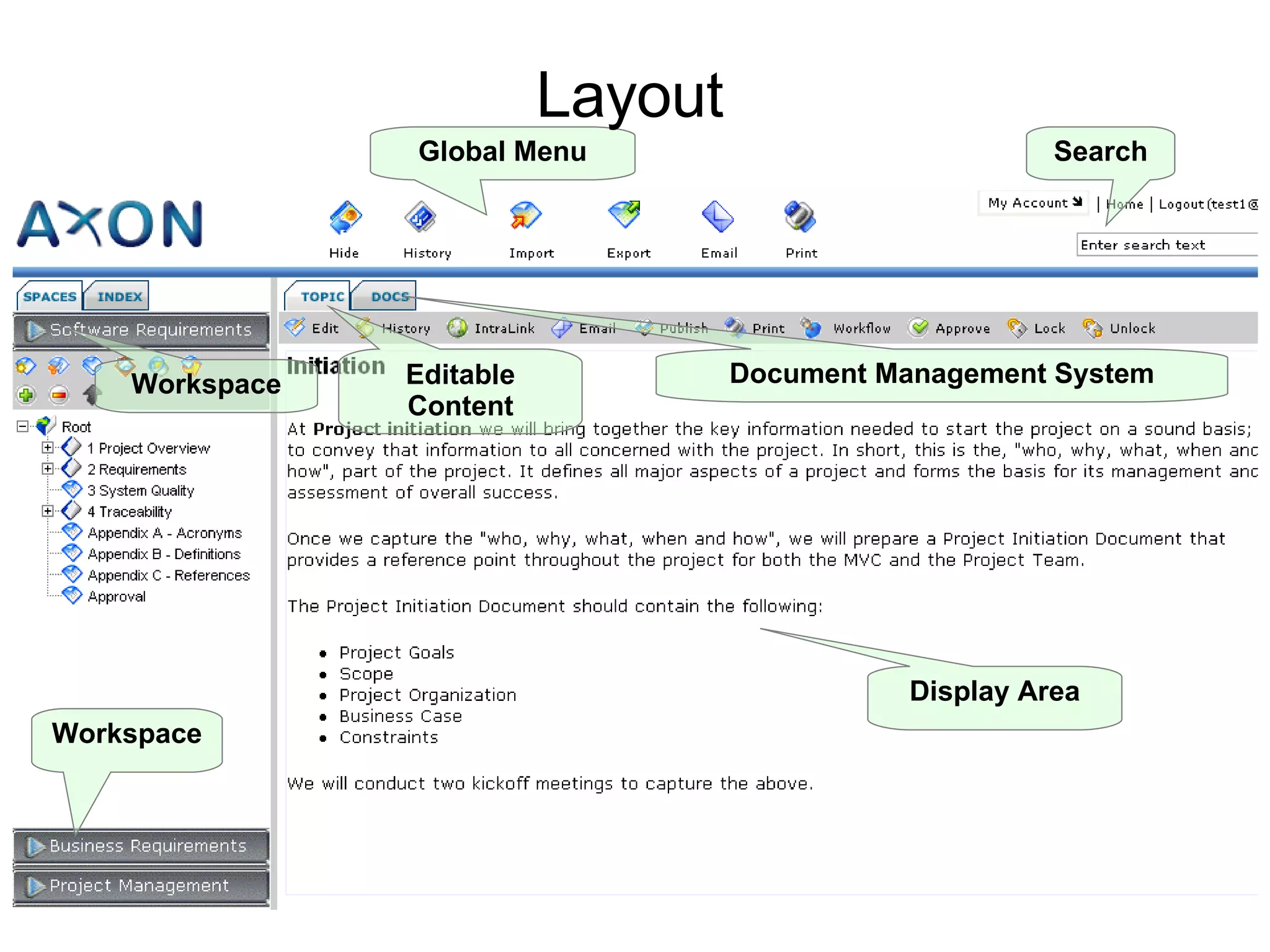Global Menu Workspace Display Area Workspace Search Editable Content Document Management System Layout 