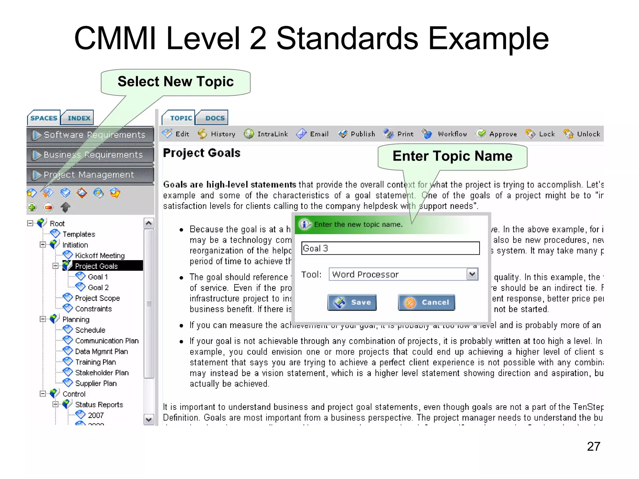 Select New Topic CMMI Level 2 Standards Example Enter Topic Name 