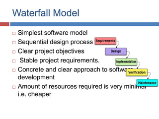 Waterfall Model
   Simplest software model
   Sequential design process
   Clear project objectives
    Stable project requirements.
   Concrete and clear approach to software
    development
   Amount of resources required is very minimal
    i.e. cheaper
 