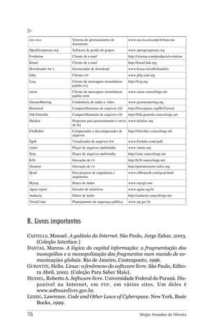 NOU-RAU             Sistema de gerenciamento de         www.rau-tu.unicamp.br/nou-rau
                    documento
OpenGroupware.org   Software de gestão de grupos        www.opengroupware.org
Evolution           Cliente de e-mail                   http:://ximian.com/products/evolution
Kmail               Cliente de e-mail                   http://kmail.kde.org
Downloader for X    Gerenciador de download             www.krasu.ru/soft/chuchelo
Gftp                Cliente FTP                         www.gftp.seul.org
Licq                Cliente de mensagens instantâneas   http://licq.org
                    padrão ICQ
aMSM                Cliente de mensagens instantâneas   www.amsn.sourceforge.net
                    padrão MSM
GnomeMeeting        Conferência de áudio e vídeo        www.gnomemeeting.org
Bittorrent          Compartilhamento de arquivos P2P    http://bitconjurer.org/BitTorrent
Gtk-Gnutella        Compartilhamento de arquivos P2P    http://Gtk-gnutella.sourceforge.net
Hylafax             Programa para gerenciamento e envio www.hylafax.org
                    de fax
FileRoller          Compactador e descompactador de     http://fileroller.sourceforge.net
                    arquivos
Xpdf                Visualisador de arquivos PDF        www.Foolabs.com/xpdf
XMMS                Player de arquivos multimídia       www.xmms.org
Xine                Player de arquivos multimídia       http://xine.sourceforge.net
K3b                 Gravação de CD                      http://k3b.sourceforge.net
Gtoaster            Gravação de CD                      http://gnometoaster.rulez.org
Qcad                Para projetos de engenharia e       www.ribbonsoft.com/qcad.html
                    arquitetura
MySQL               Banco de dados                      www.mysql.com
Agata report        Gerador de relatórios               www.agata.org.br
Audacity            Editor de áudio                     http://audacity.sourceforge.net
TerraCrime          Planejamento de segurança pública   www.mj.gov.br




B. Livros importantes

CASTELLS, Manuel. A galáxia da Internet. São Paulo, Jorge Zahar, 2003.
    (Coleção Interface.)
DANTAS, Marcos. A lógica do capital informação: a fragmentação dos
    monopólios e a monopolização dos fragmentos num mundo de co-
    municações globais. Rio de Janeiro, Contraponto, 1996.
GUROVITZ, Helio. Linux: o fenômeno do software livre. São Paulo, Edito-
    ra Abril, 2002. (Coleção Para Saber Mais).
HEXSEL, Roberto A. Software livre. Universidade Federal do Paraná. Dis-
    ponível na Internet, em PDF , em vários sites. Um deles é
    www.softwarelivre.gov.br.
LESSIG, Lawrence. Code and Other Laws of Cyberspace. New York, Basic
    Books, 1999.

76                                                              Sérgio Amadeu da Silveira
 