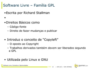 23 / APR 2015 / GMX INTERNAL
Software Livre, Conceitos e Oportunidades
Software Livre – Família GPL
•Escrita por Richard Stallman
•
•Direitos Básicos como
– Código-fonte
– Direito de fazer mudanças e publicar
• Introduz o conceito de “Copyleft”
– O oposto ao Copyright
– Trabalhos derivados também devem ser liberados segundo
a GPL
• Utilizada pelo Linux e GNU
 