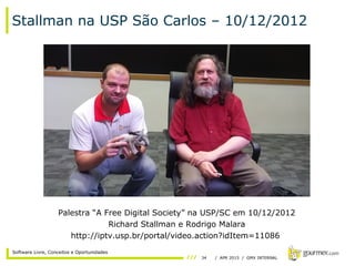 34 / APR 2015 / GMX INTERNAL
Software Livre, Conceitos e Oportunidades
Stallman na USP São Carlos – 10/12/2012
Palestra “A Free Digital Society” na USP/SC em 10/12/2012
Richard Stallman e Rodrigo Malara
http://iptv.usp.br/portal/video.action?idItem=11086
 