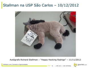 35 / APR 2015 / GMX INTERNAL
Software Livre, Conceitos e Oportunidades
Stallman na USP São Carlos – 10/12/2012
Autógrafo Richard Stallman – “Happy Hacking Rodrigo” – 11/11/2012
 